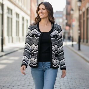 White House Black Market Chevron Cardigan in Black, White and Tan